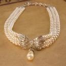 3 strand victorian style necklace - Silver bow with pearl drop - wedding choker - designer couture estate jewelry - anniversary gift