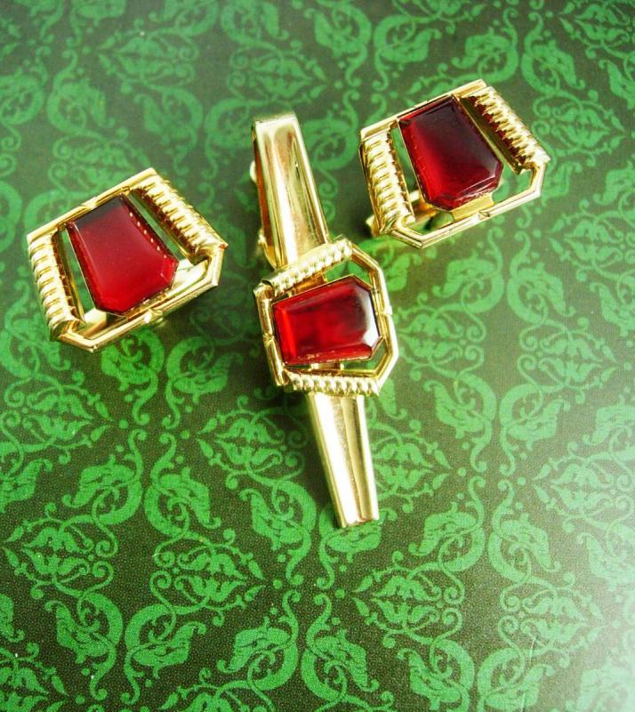 Vintage Formal Red Cufflinks Tie clip Foster Gold plate Men's Wedding Set Jeweled Cuff Links designer wedding formal wear anniversary gift