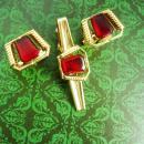 Vintage Formal Red Cufflinks Tie clip Foster Gold plate Men's Wedding Set Jeweled Cuff Links designer wedding formal wear anniversary gift