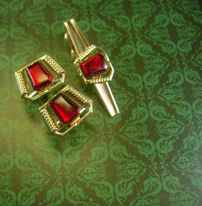 Vintage Formal Red Cufflinks Tie clip Foster Gold plate Men's Wedding Set Jeweled Cuff Links designer wedding formal wear anniversary gift