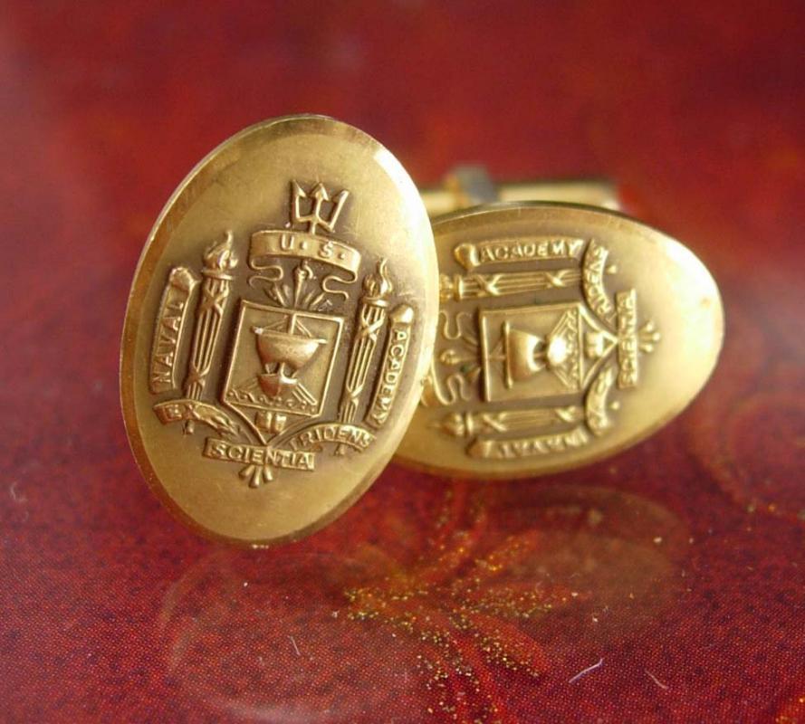 Naval Academy Cufflinks vintage jewel backs Navy poseidon military insignia uniform USNA Ex Scientia Tridens Krementz 14kt gold overlay l