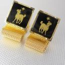 Astrology Northern Star and Ram Cufflinks Vintage Black Glass Gold Mesh Wrap Birthday April Aries Religious Jerusalem Star of David