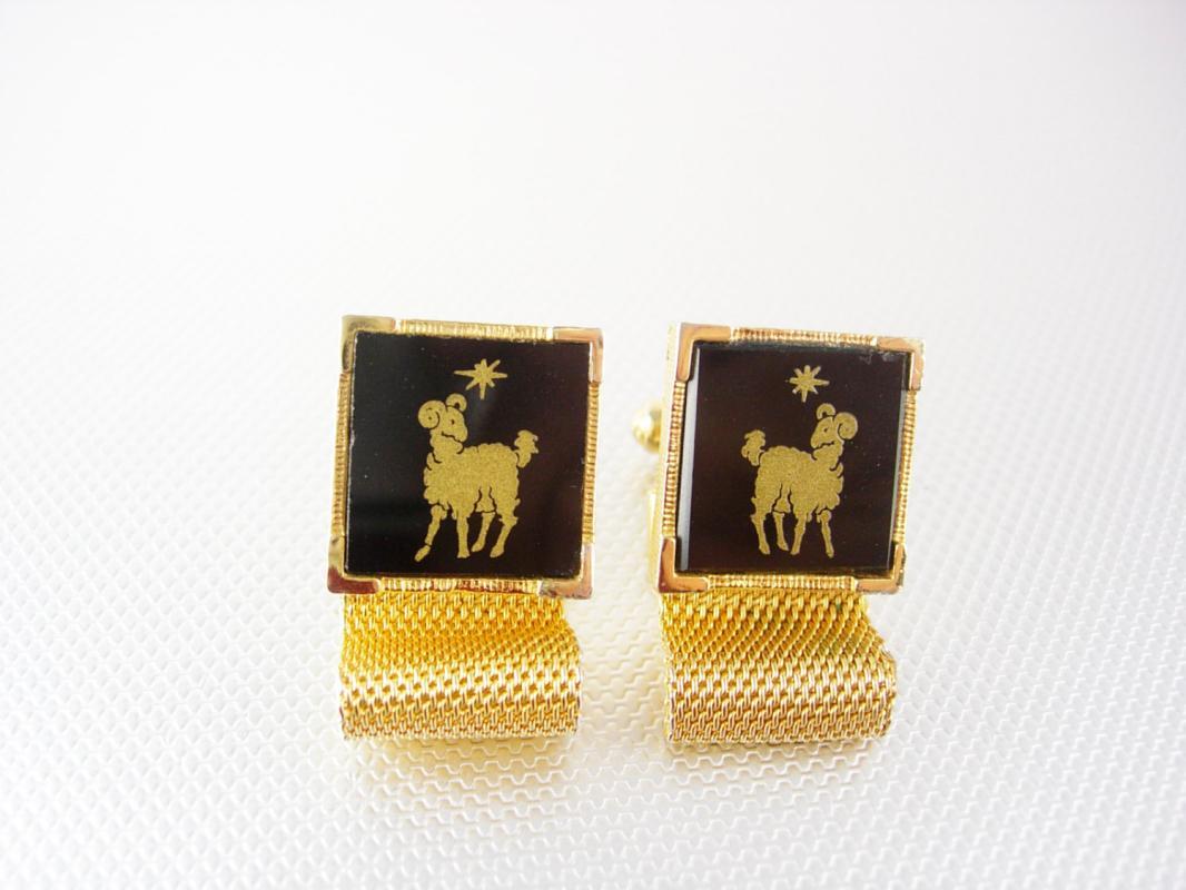 Astrology Northern Star and Ram Cufflinks Vintage Black Glass Gold Mesh Wrap Birthday April Aries Religious Jerusalem Star of David