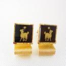 Astrology Northern Star and Ram Cufflinks Vintage Black Glass Gold Mesh Wrap Birthday April Aries Religious Jerusalem Star of David