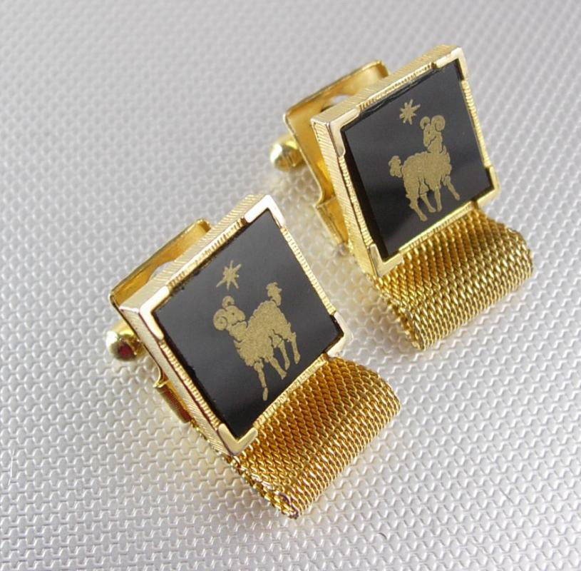 Astrology Northern Star and Ram Cufflinks Vintage Black Glass Gold Mesh Wrap Birthday April Aries Religious Jerusalem Star of David
