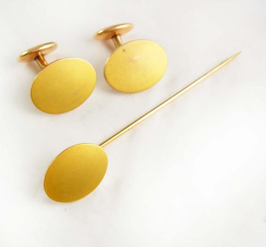 Antique Victorian Gold Cufflinks and Stickpin Set Signet Engravable Hallmarked Fine Jewelry