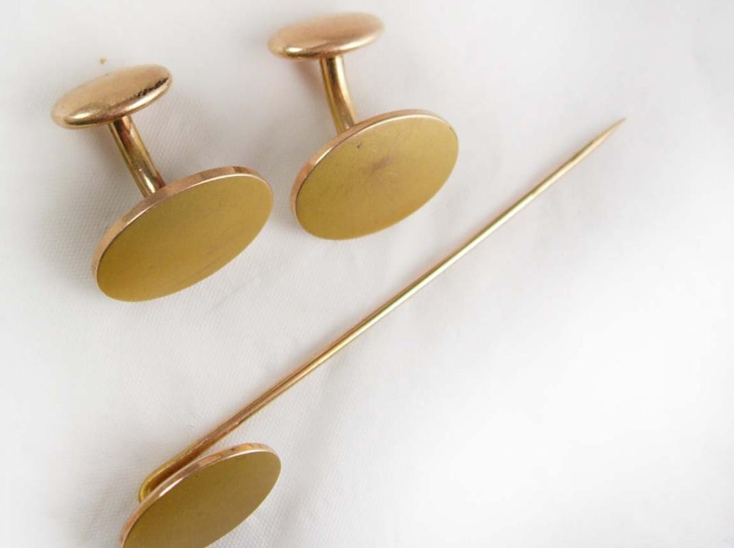 Antique Victorian Gold Cufflinks and Stickpin Set Signet Engravable Hallmarked Fine Jewelry