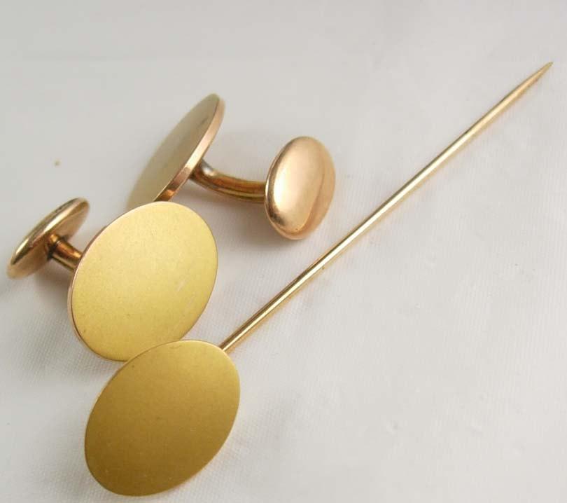 Antique Victorian Gold Cufflinks and Stickpin Set Signet Engravable Hallmarked Fine Jewelry
