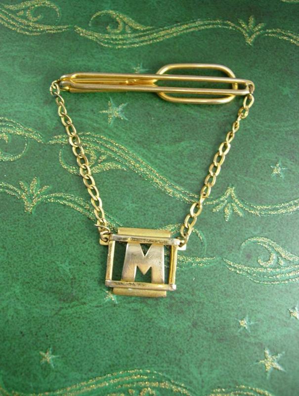 Swag tie Chain / Vintage Tie Clip / Initial M / letter M / personalized mens gift / Wedding gift / Signed Swank Tie bar / gold tie clip