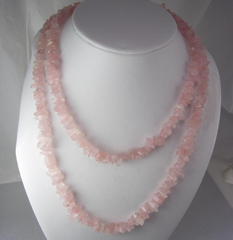 Pink Rose Quartz Polished Stones Necklace Vintage 35 Inches Wedding Birthday Anniversary