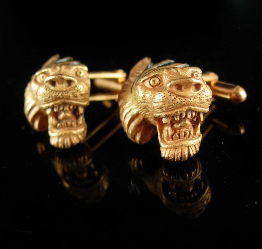 Exotic cufflinks Lion open mouth Tiger Cuff links Vintage LEO Figural Gothic gift jewelry July august birthday