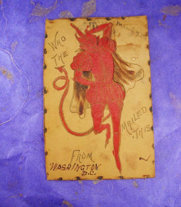 Antique Red devil postcard 1905 leather Halloween Post card Who the Devil mailed this Rare souvenir