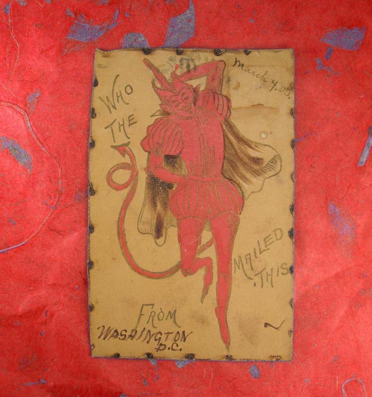 Antique Red devil postcard 1905 leather Halloween Post card Who the Devil mailed this Rare souvenir