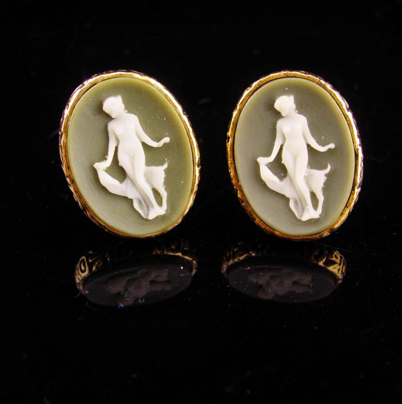 Erotic Nude Cufflinks / Art deco Saluki dog / Goddess / Vintage Greek Mythology / Men's Incolay cameo / dog  Cuff links cameo