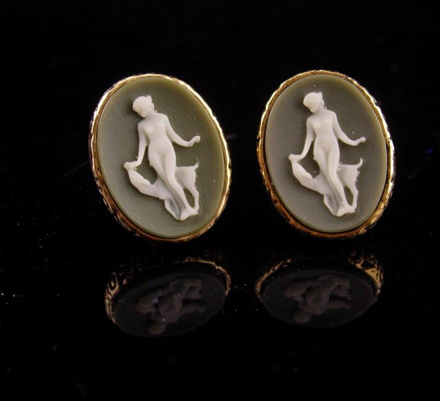 Erotic Nude Cufflinks / Art deco Saluki dog / Goddess / Vintage Greek Mythology / Men's Incolay cameo / dog  Cuff links cameo