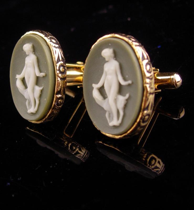 Erotic Nude Cufflinks / Art deco Saluki dog / Goddess / Vintage Greek Mythology / Men's Incolay cameo / dog  Cuff links cameo
