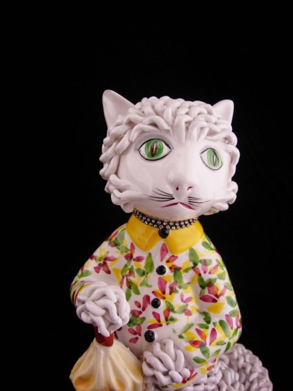 Vintage Parisian cat / Capodimonte spaghetti porcelain / Whimsical Cat / rhinestone collar / porcelain umbrella / veterinarian petsitter gift