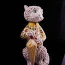 Vintage Parisian cat / Capodimonte spaghetti porcelain / Whimsical Cat / rhinestone collar / porcelain umbrella / veterinarian petsitter gift