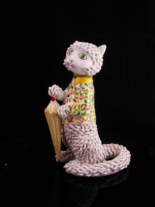 Vintage Parisian cat / Capodimonte spaghetti porcelain / Whimsical Cat / rhinestone collar / porcelain umbrella / veterinarian petsitter gift