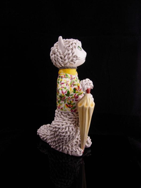 Vintage Parisian cat / Capodimonte spaghetti porcelain / Whimsical Cat / rhinestone collar / porcelain umbrella / veterinarian petsitter gift