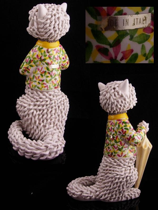 Vintage Parisian cat / Capodimonte spaghetti porcelain / Whimsical Cat / rhinestone collar / porcelain umbrella / veterinarian petsitter gift