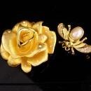 Vintage Napier Brooch / Rhinestone flower and bee pin / faux pearl figural fly insect / gardener gift / 30th anniversary / June birthday