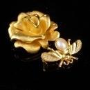 Vintage Napier Brooch / Rhinestone flower and bee pin / faux pearl figural fly insect / gardener gift / 30th anniversary / June birthday