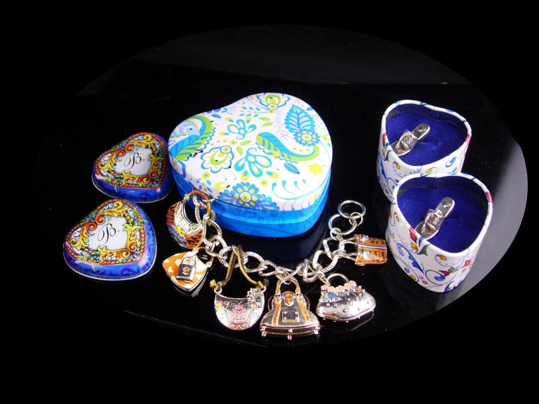 Brighton jewelry lot / vintage purse charm silver bracelet / shoe lapel pin set / heart box / never worn / hippie handbags / enamel charms