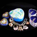 Brighton jewelry lot / vintage purse charm silver bracelet / shoe lapel pin set / heart box / never worn / hippie handbags / enamel charms