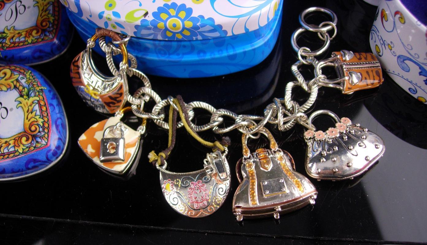 Brighton jewelry lot / vintage purse charm silver bracelet / shoe lapel pin set / heart box / never worn / hippie handbags / enamel charms