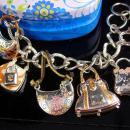 Brighton jewelry lot / vintage purse charm silver bracelet / shoe lapel pin set / heart box / never worn / hippie handbags / enamel charms
