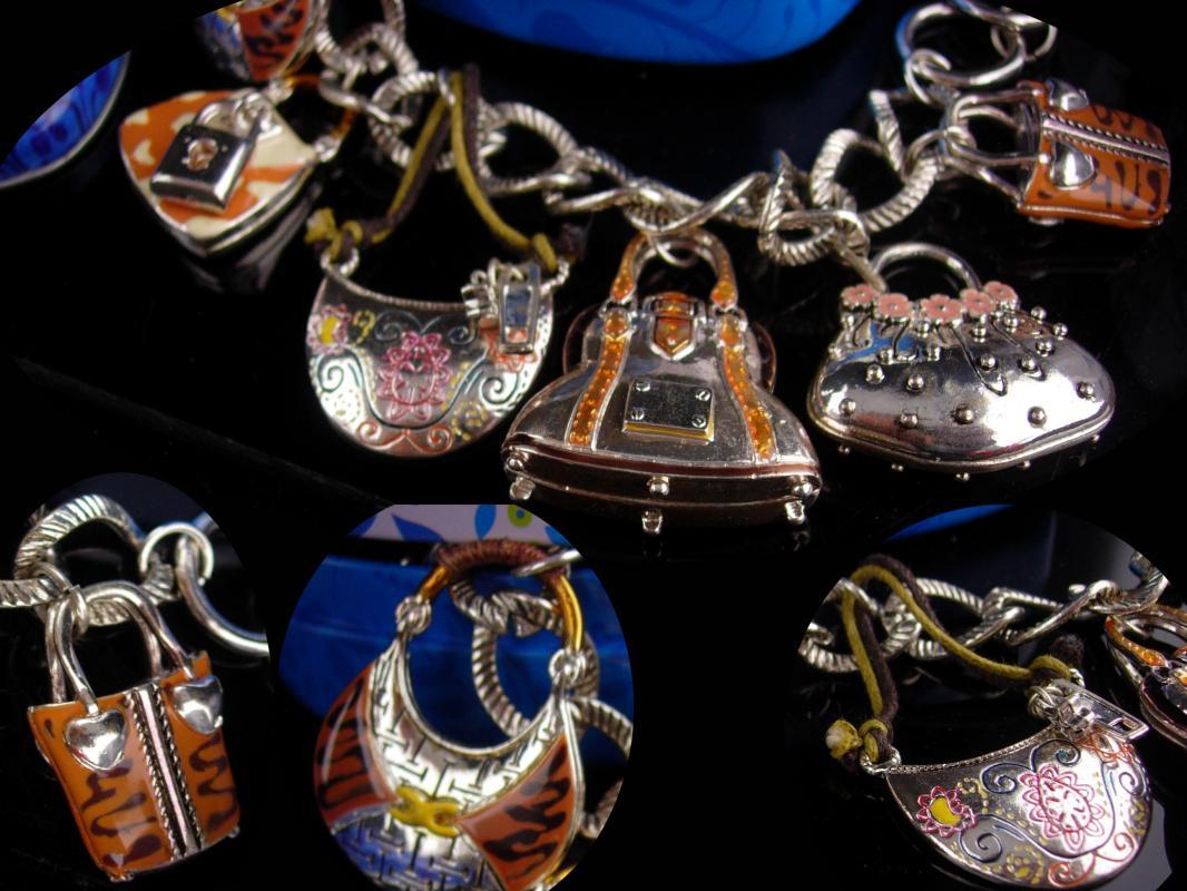 Brighton jewelry lot / vintage purse charm silver bracelet / shoe lapel pin set / heart box / never worn / hippie handbags / enamel charms