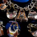 Brighton jewelry lot / vintage purse charm silver bracelet / shoe lapel pin set / heart box / never worn / hippie handbags / enamel charms