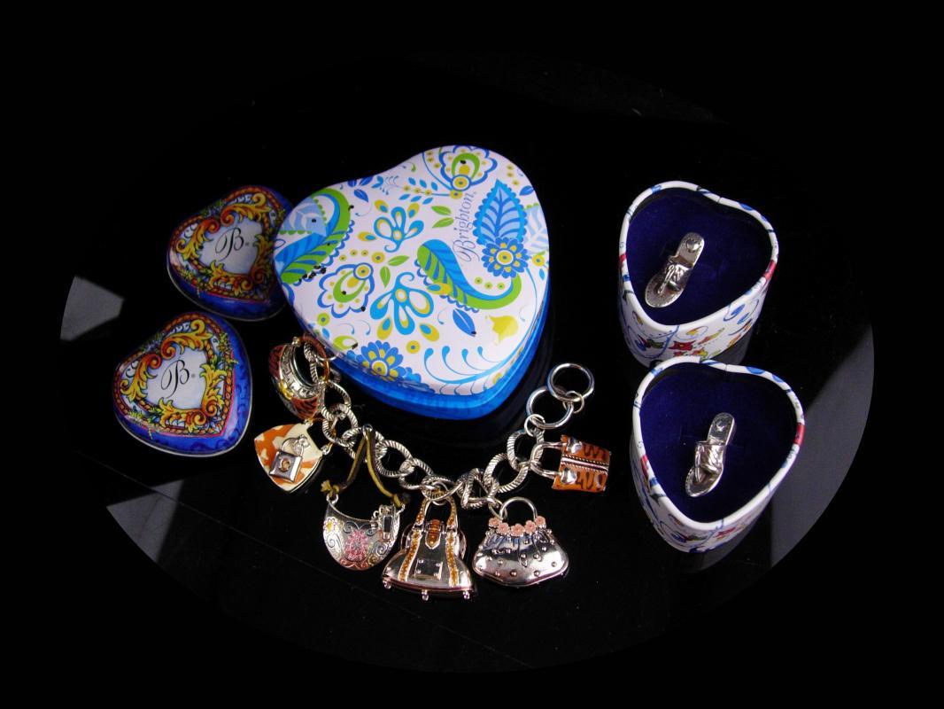 Brighton jewelry lot / vintage purse charm silver bracelet / shoe lapel pin set / heart box / never worn / hippie handbags / enamel charms