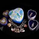 Brighton jewelry lot / vintage purse charm silver bracelet / shoe lapel pin set / heart box / never worn / hippie handbags / enamel charms