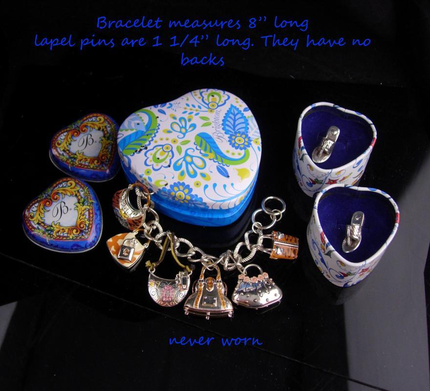 Brighton jewelry lot / vintage purse charm silver bracelet / shoe lapel pin set / heart box / never worn / hippie handbags / enamel charms