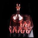 Pink Depression glass set  - Vintage Decanter - ribbed glass tray - 6 pink shot glasses - vintage barware - liquor bottle set