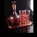 Pink Depression glass set  - Vintage Decanter - ribbed glass tray - 6 pink shot glasses - vintage barware - liquor bottle set