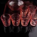 Pink Depression glass set  - Vintage Decanter - ribbed glass tray - 6 pink shot glasses - vintage barware - liquor bottle set