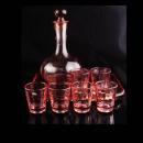 Pink Depression glass set  - Vintage Decanter - ribbed glass tray - 6 pink shot glasses - vintage barware - liquor bottle set