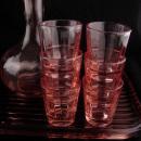 Pink Depression glass set  - Vintage Decanter - ribbed glass tray - 6 pink shot glasses - vintage barware - liquor bottle set