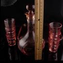 Pink Depression glass set  - Vintage Decanter - ribbed glass tray - 6 pink shot glasses - vintage barware - liquor bottle set