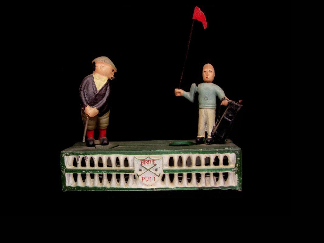 Mechanical bank - Vintage golf gift - metal toy - cast iron bank - Birdie Putt - Golfer and caddie - hole in one - gag gift