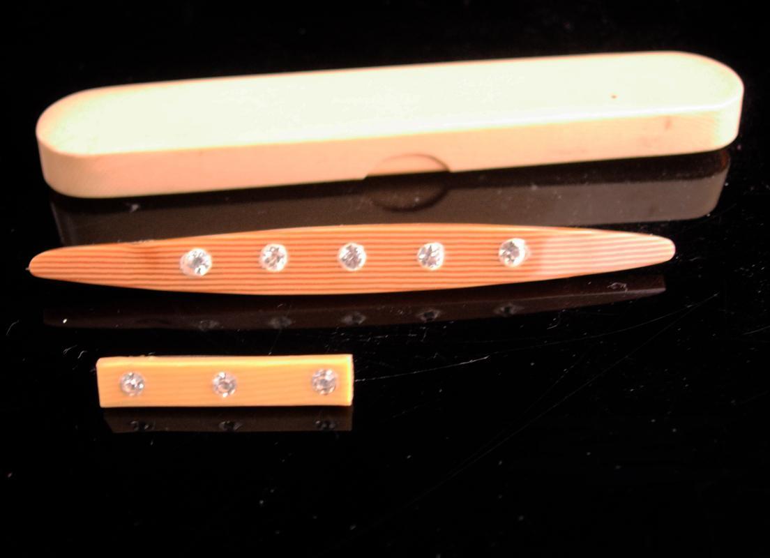 Antique Celluloid set - rhinestone brooch set - Celluloid case - lapel pin - bar brooch - Art deco era - wedding anniversary gift