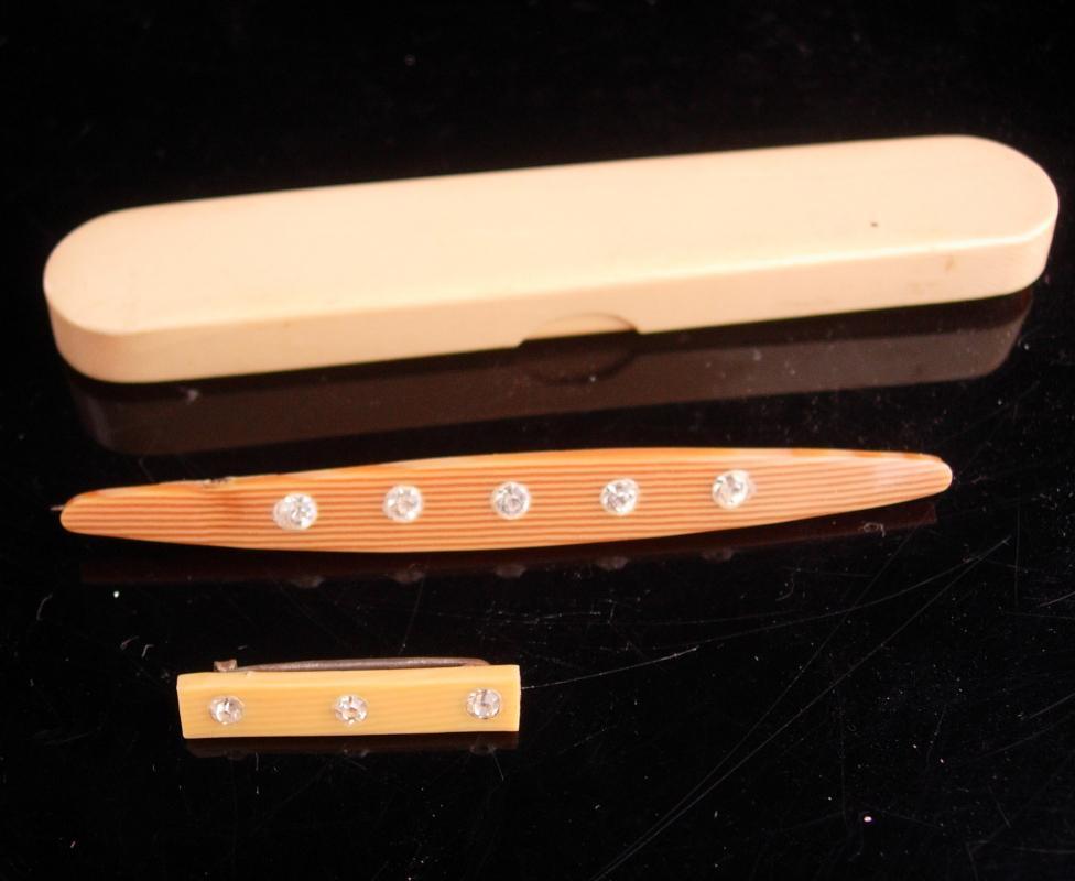 Antique Celluloid set - rhinestone brooch set - Celluloid case - lapel pin - bar brooch - Art deco era - wedding anniversary gift