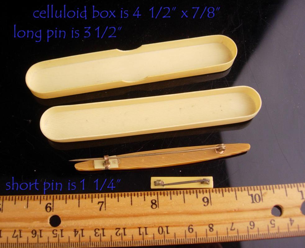 Antique Celluloid set - rhinestone brooch set - Celluloid case - lapel pin - bar brooch - Art deco era - wedding anniversary gift