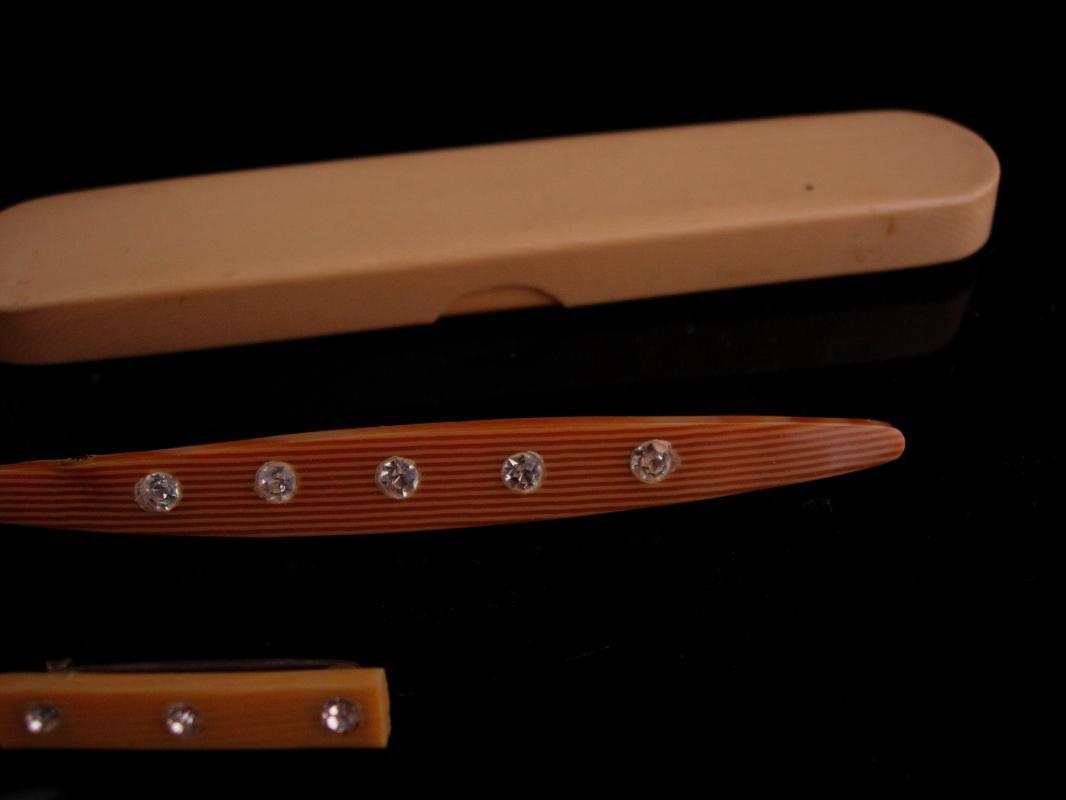 Antique Celluloid set - rhinestone brooch set - Celluloid case - lapel pin - bar brooch - Art deco era - wedding anniversary gift