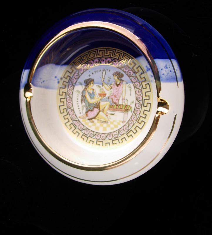 Vintage Victorian Tray - Greek key design - 24kt gold - UNUSUAL blue color - greek goddess art - Made in Greece - trinket tray