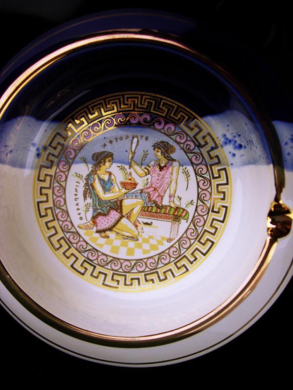 Vintage Victorian Tray - Greek key design - 24kt gold - UNUSUAL blue color - greek goddess art - Made in Greece - trinket tray