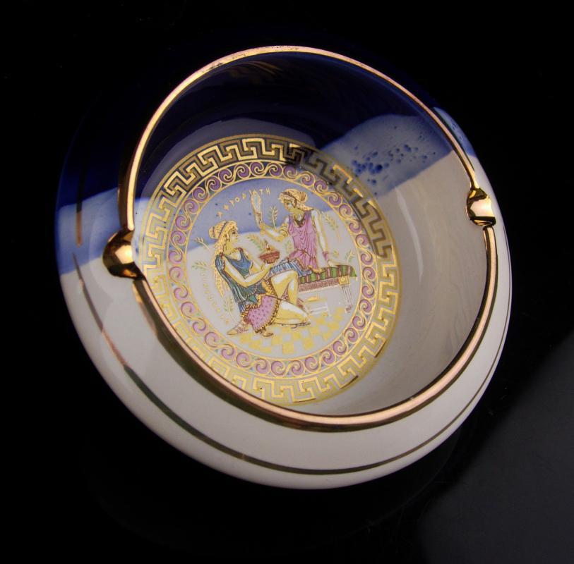Vintage Victorian Tray - Greek key design - 24kt gold - UNUSUAL blue color - greek goddess art - Made in Greece - trinket tray
